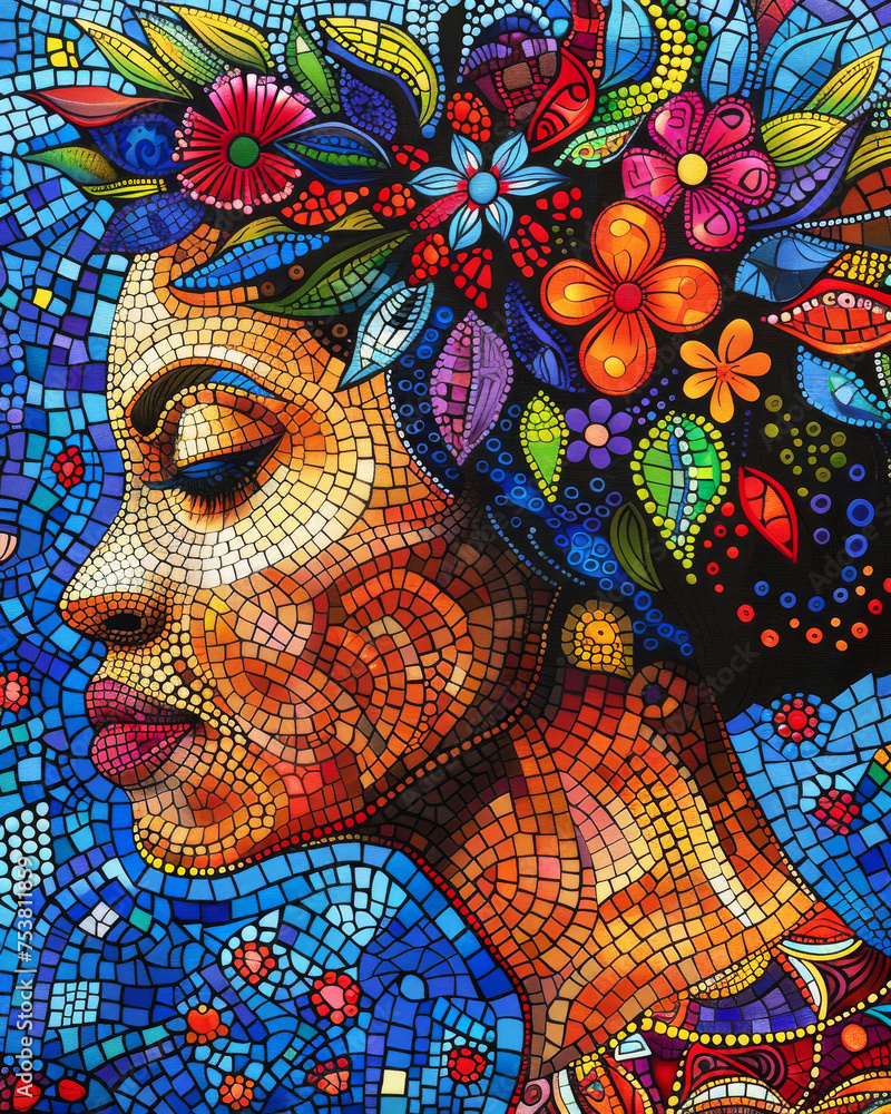 Fototapeta premium International Women's Day Mosaic Glass Floral Portrait. A portrait styled as a mosaic tile artwork with an array of colorful floral designs.