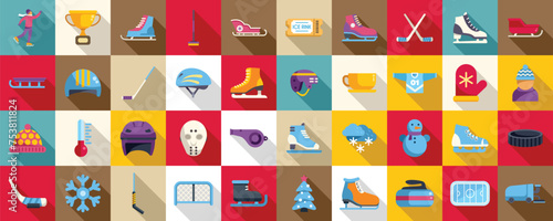 Ice rink icons set flat vector. Activity athlete champion. Skate winter children