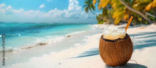 Coconut Drink on a Tropical Beach in the Style of Verdadism