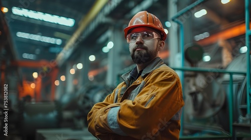 Construction Worker Standing in Industrial Factory, To convey the power and resilience of the industrial workforce through an atmospheric portrait of