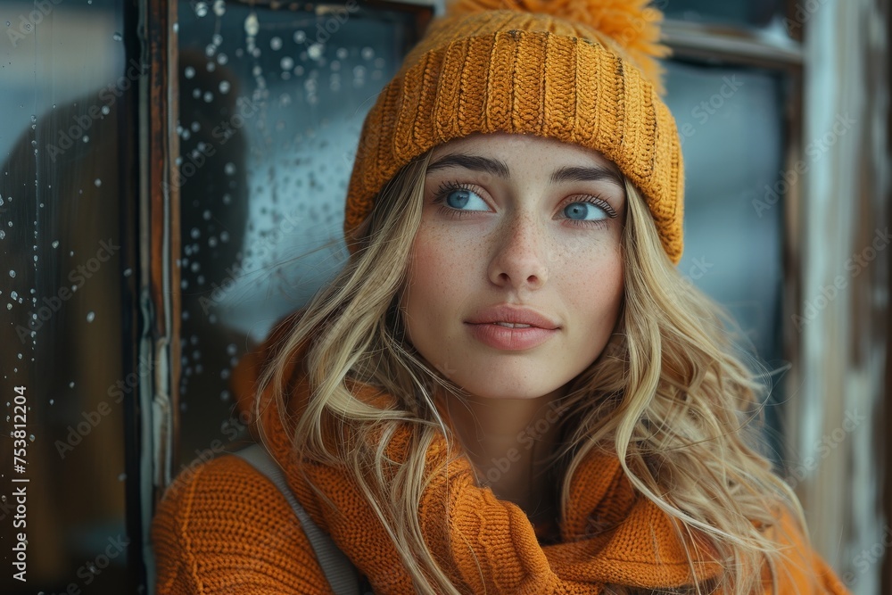 Attractive young woman dressed in a winter hat and scarf, with snowflakes on the window behind her Attractive young woman dressed in a winter hat and scarf, with snowflakes on the window behind her