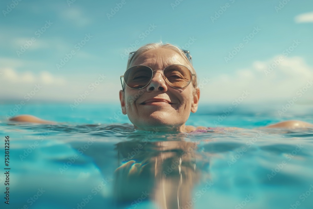 Naklejka premium A joyful elderly woman with sunglasses happily swimming in the sea, embodying leisure and positivity