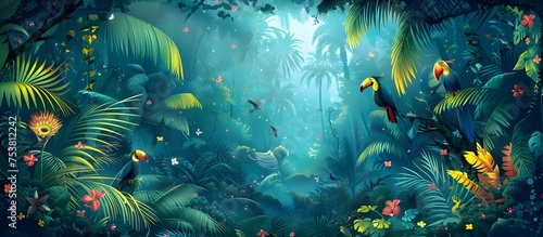 Dreamlike Jungle Wallpaper with Tropical Bird and Vibrant Plants © kiatipol