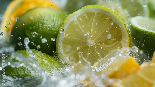 Close-up image of green lemon and lime being squeezed, capturing the splash and freshness of the juice.