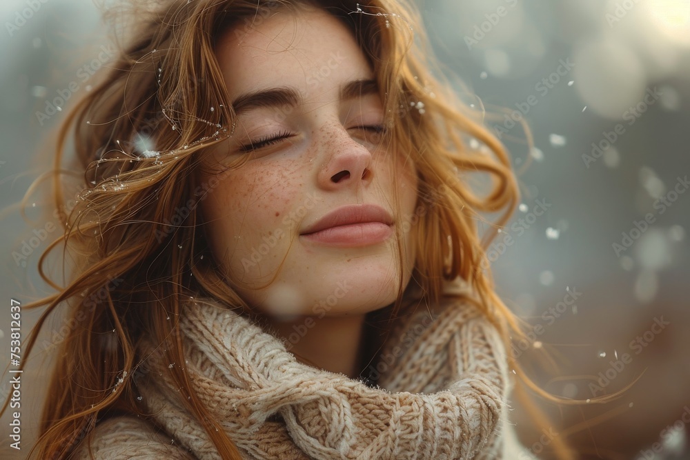 Smiling young redhead woman enjoying a snowy day, with snowflakes in her hair and a warm scarf Smiling young redhead woman enjoying a snowy day, with snowflakes in her hair and a warm scarf