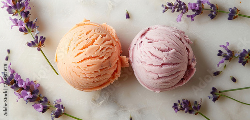 A duo of peach and lavender sorbet scoops, their soft, pastel hues offering a visually soothing and flavorful experience © Riffat