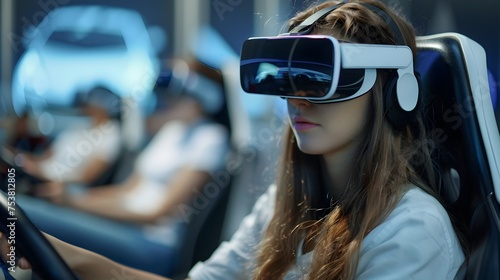 Girl Driving Virtual Reality Car in Urban Simulator photo