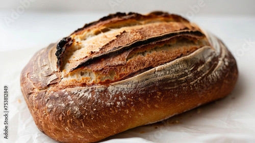 A freshly baked loaf of artisan bread, with a golden crust and soft, warm interior, showcased on a white background to emphasize the simplicity and beauty of freshly baked goods