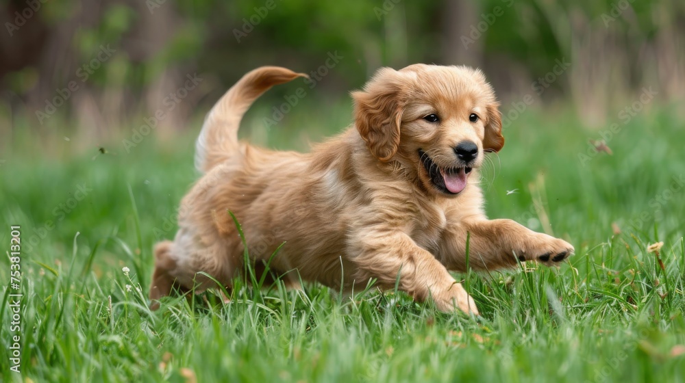 Golden retriever puppy playing in a grassy field