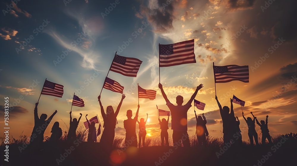 Joyful Americans Holding Flags at Sunset, To convey a sense of community, unity, and patriotism through a joyful and colorful sunset scene with - obrazy, fototapety, plakaty 