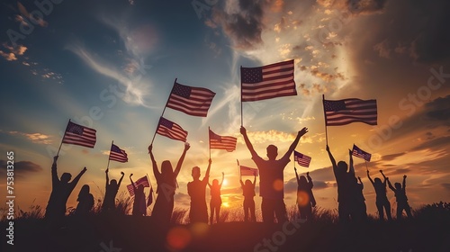 Joyful Americans Holding Flags at Sunset, To convey a sense of community, unity, and patriotism through a joyful and colorful sunset scene with