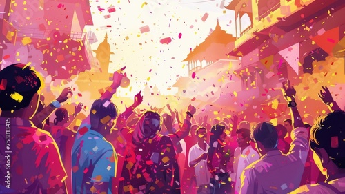 Colorful Holi festival gathering at sunset - A festive scene of people engrossed in the Holi festival celebration with hues of sunset in the background