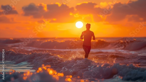 Man Running in Ocean at Sunset with Youthful Energy © kiatipol