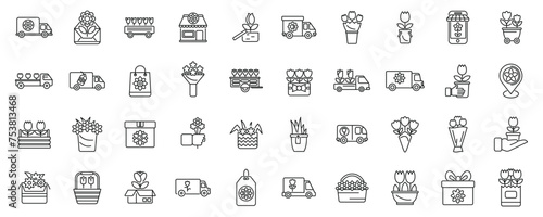 Flower delivery icons set outline vector. Blossoming deliver man. Courier online present