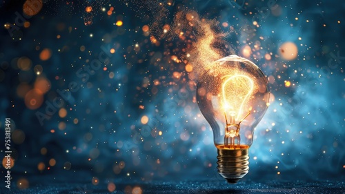 Glowing light bulb with sparkling effects - An illuminated light bulb set against a dreamy, sparkling blue background, symbolizing creativity and inspiration
