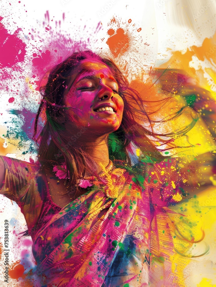 Joyful woman covered in Holi colors - A woman with her hair flowing is submerged in vibrant Holi festival colors, depicting joy