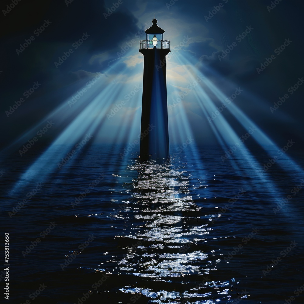 Majestic lighthouse beam illuminating dark sea - A lighthouse stands tall as its powerful beams cut through the night, illuminating the dark ocean waters with a sense of guidance and safety - obrazy, fototapety, plakaty 