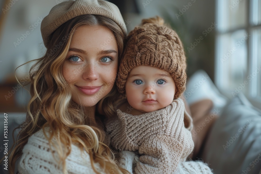 Young mother and blue-eyed baby wearing knit hats in a warm, intimate portrait Young mother and blue-eyed baby wearing knit hats in a warm, intimate portrait