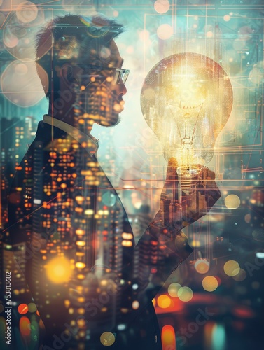 Man holding light bulb with city bokeh background - An artistic double exposure image of a man holding a glowing light bulb with a blurred city lights background emphasizing thought and innovation