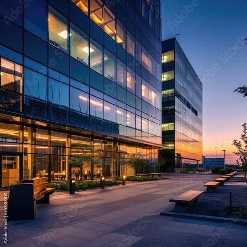 Modern office building exterior at dusk - An office building's glass facade reflects the warm hues of dusk, showcasing a blend of architecture and functionality in an urban setting