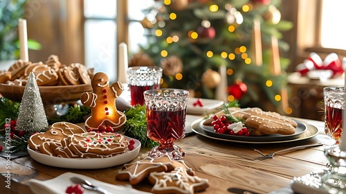 A festive table setting adorned with holiday treats like gingerbread cookies and spiced cider