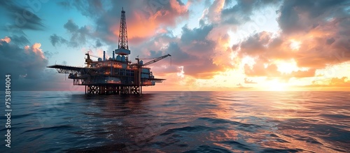 Oil Rig at Sunset in Ocean with Beautiful Sky-blue and Magenta Shades