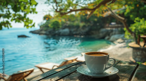 A cup of coffee sits on a wooden table in front of a beautiful beach, surrounded by trees