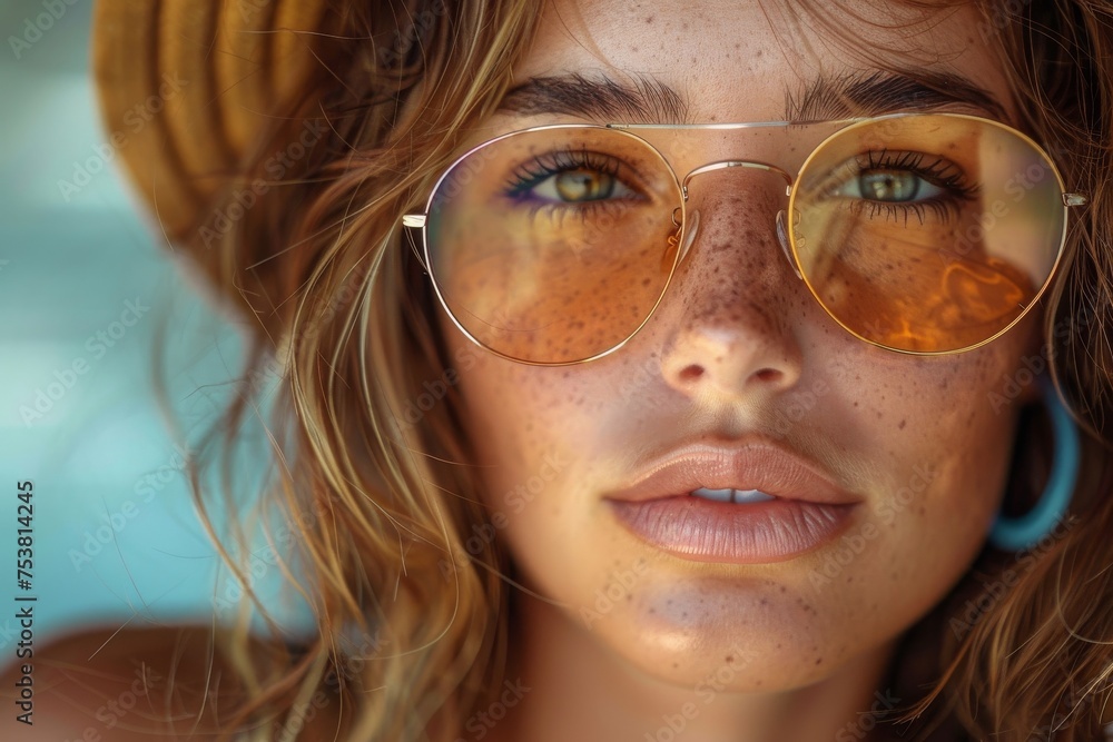 Detailed close-up of a woman with freckles and stylish sunglasses, subtle smile captured Detailed close-up of a woman with freckles and stylish sunglasses, subtle smile captured