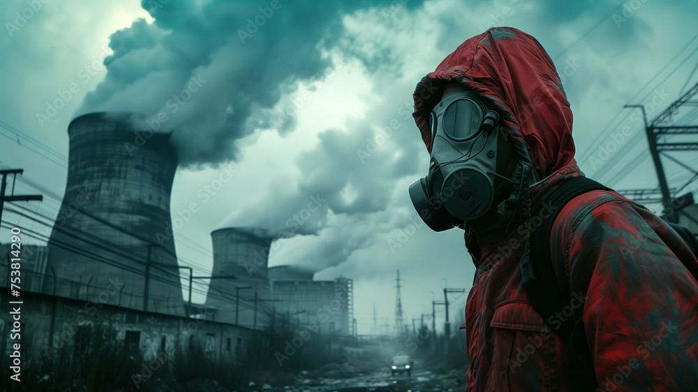 Dystopian image of a survivor of environmental collapse. Nuclear ...