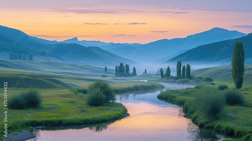 Peaceful River Winding Through a Dusky Valley