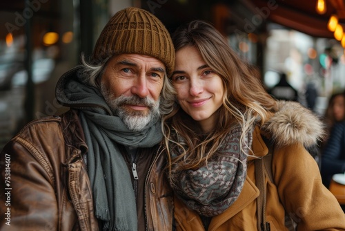 An affectionate older man and a younger woman share a loving embrace at an outdoor café