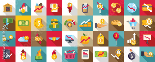Inflation icons set flat vector. Cost increase money. Business gold rise value