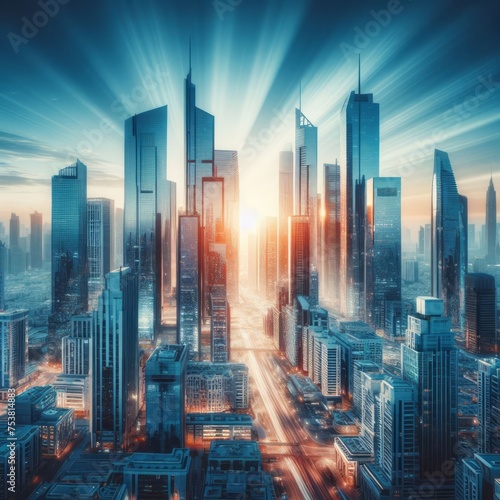 The digital veins of a city come alive at dawn  showcasing a cybernetic sunrise where technology integrates with urban existence