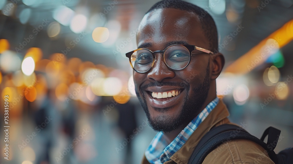 Obraz premium Smile, travel or happy black man in an airport for an international conference, seminar or global convention