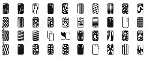 Case mobile phone icons set simple vector. Pro camera. Flip leather wallet