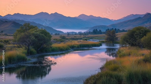 Peaceful River Winding Through a Dusky Valley