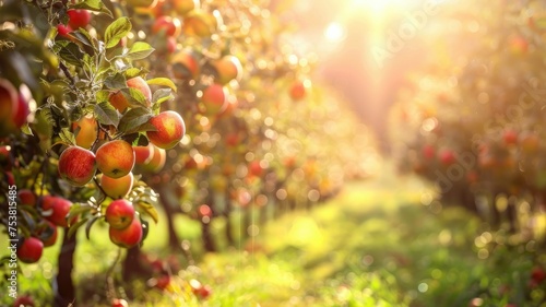 Sunlit apple orchard ready for harvest - Lush apple orchard with ripe red apples and golden sunlight filtering through, depicting harvest time and natural abundance