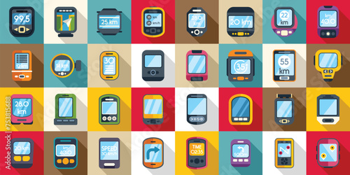 Bike computer icons set flat vector. Road digital sports. Healthy speed