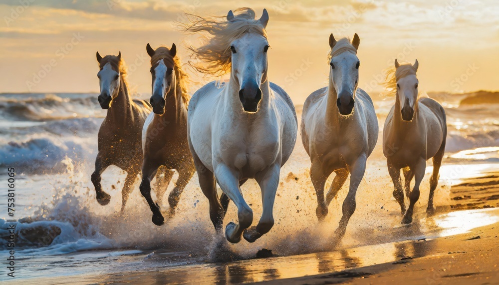 High-quality PHOTO White Stallions GALLOPING ON THE BEACH with ocean waves