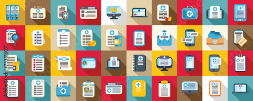 Treatment history icons set flat vector. Doctor technology. Electronic health record