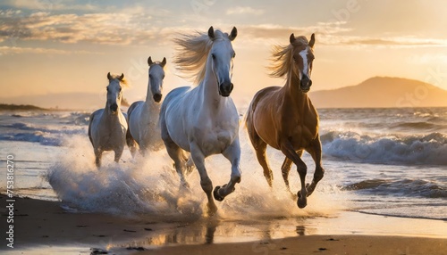 High-quality PHOTO White Stallions GALLOPING ON THE BEACH with ocean waves