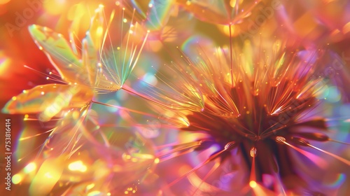 Glossy Bloom  Macro shot reveals dandelion s holographic sheen  glossy and enchanting.