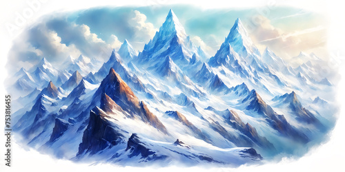 Embark on a visual journey to a white mountain wonderland with this striking painting  featuring frozen peaks and crisp winter air  isolated on a white background