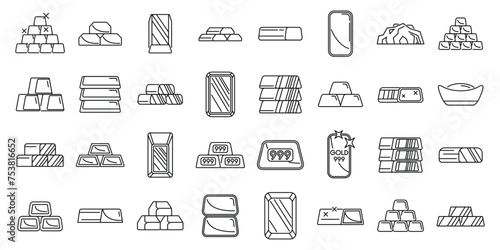 Ingot gold icons set outline vector. Money coin brick. Stack treasure golden