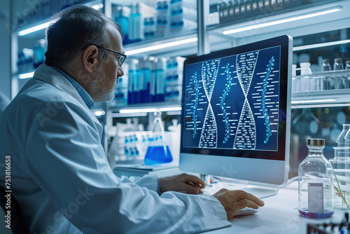 Senior Scientist Examining DNA Strands on Computer in Laboratory