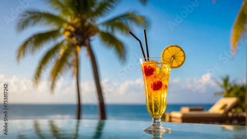 beautiful cocktail in a glass, sea, palm trees