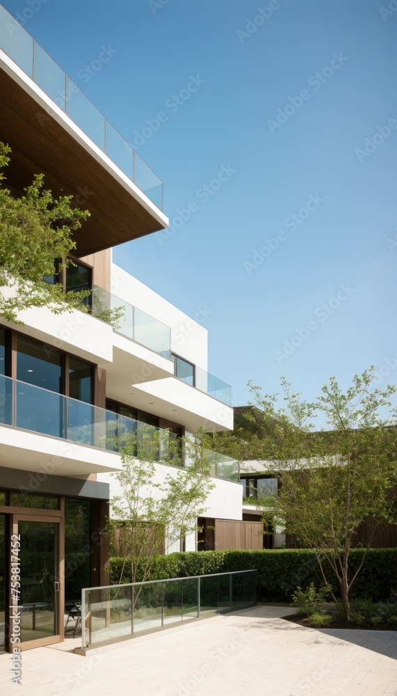 a modern glass building adorned with lush green plants, trees, and bushes, embodying the principles of business architecture, environmental friendliness, and eco-concept. 3D render