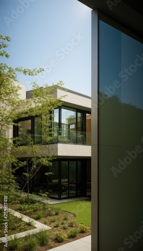 Wallpaper Mural a modern glass building adorned with lush green plants, trees, and bushes, embodying the principles of business architecture, environmental friendliness, and eco-concept. 3D render Torontodigital.ca