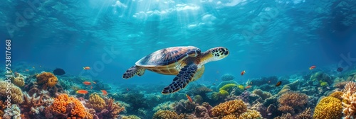 Graceful Turtle Swimming in Coral Reef © Landscape Planet