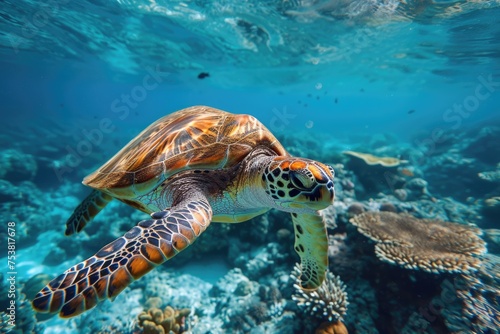 Graceful Turtle Swimming in Coral Reef
